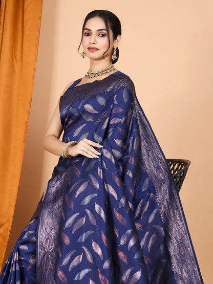 Vedant Vastram Soft Litchi Silk Banarasi Silk Jacquard Saree - Navy Blue