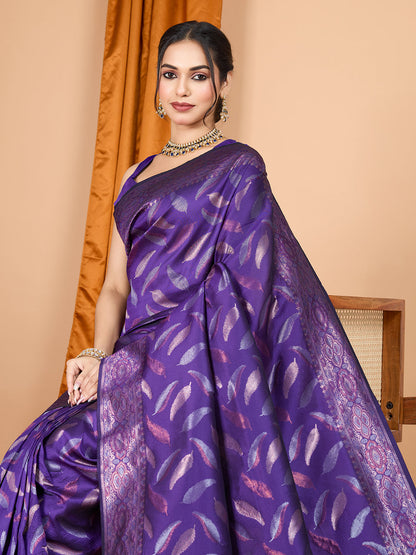 Vedant Vastram Soft Litchi Silk Banarasi Silk Jacquard Saree - Violet