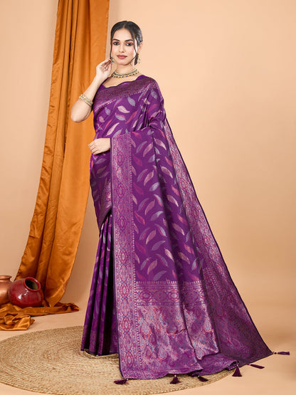 Vedant Vastram Soft Litchi Silk Banarasi Silk Jacquard Saree - Wine
