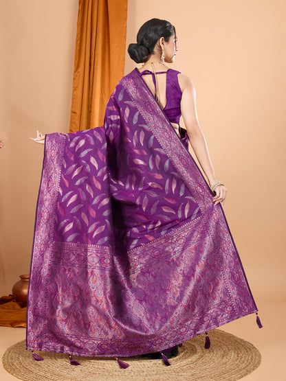 Vedant Vastram Soft Litchi Silk Banarasi Silk Jacquard Saree - Wine