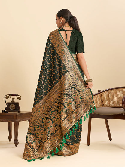 Vedant Vastram Soft Litchi Silk Banarasi Silk Jacquard Saree - Green