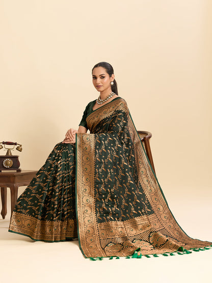 Vedant Vastram Soft Litchi Silk Banarasi Silk Jacquard Saree - Green