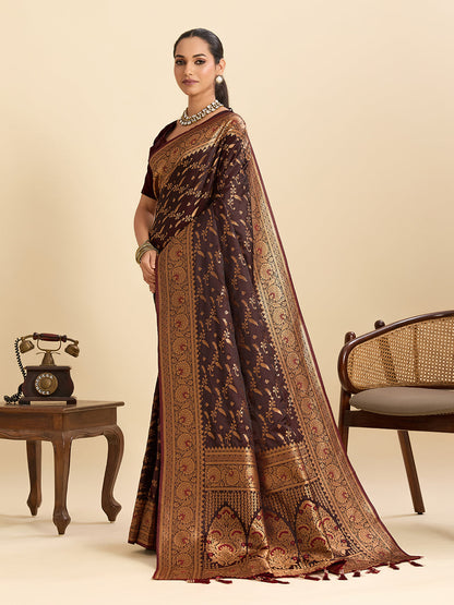 Vedant Vastram Soft Litchi Silk Banarasi Silk Jacquard Saree - Maroon