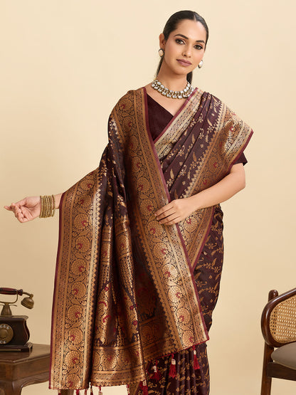 Vedant Vastram Soft Litchi Silk Banarasi Silk Jacquard Saree - Maroon