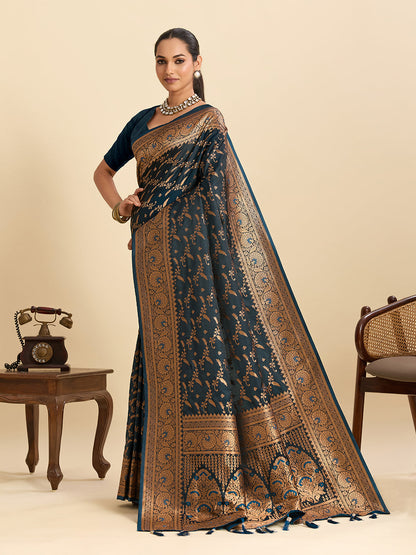 Vedant Vastram Soft Litchi Silk Banarasi Silk Jacquard Saree - Navy Blue