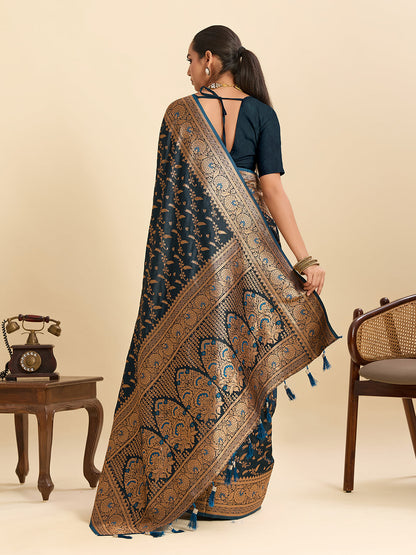 Vedant Vastram Soft Litchi Silk Banarasi Silk Jacquard Saree - Navy Blue