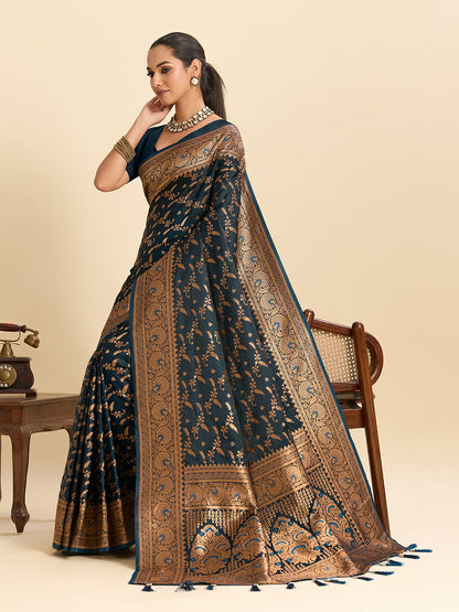 Vedant Vastram Soft Litchi Silk Banarasi Silk Jacquard Saree - Navy Blue