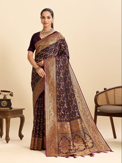 Vedant Vastram Soft Litchi Silk Banarasi Silk Jacquard Saree - Wine