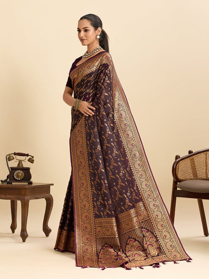Vedant Vastram Soft Litchi Silk Banarasi Silk Jacquard Saree - Wine
