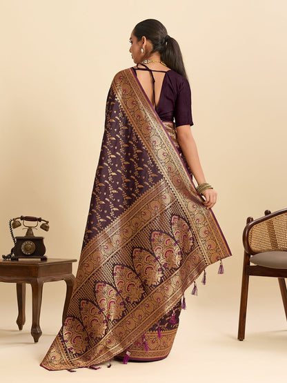 Vedant Vastram Soft Litchi Silk Banarasi Silk Jacquard Saree - Wine