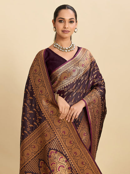 Vedant Vastram Soft Litchi Silk Banarasi Silk Jacquard Saree - Wine