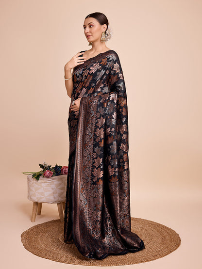Vedant Vastram Soft Litchi Silk Banarasi Silk Saree - Black