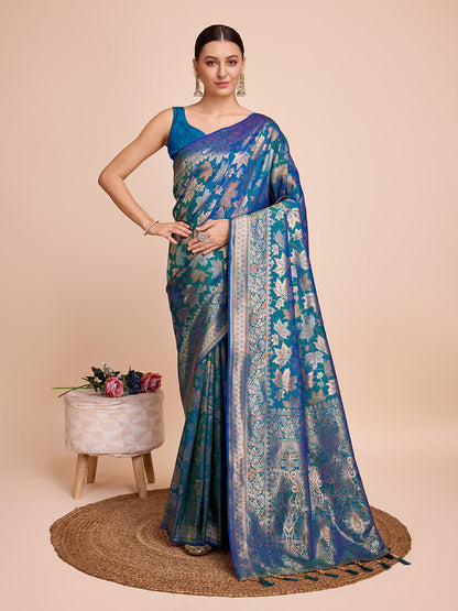 Vedant Vastram Soft Litchi Silk Banarasi Silk Saree - Firozi