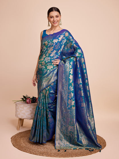 Vedant Vastram Soft Litchi Silk Banarasi Silk Saree - Firozi