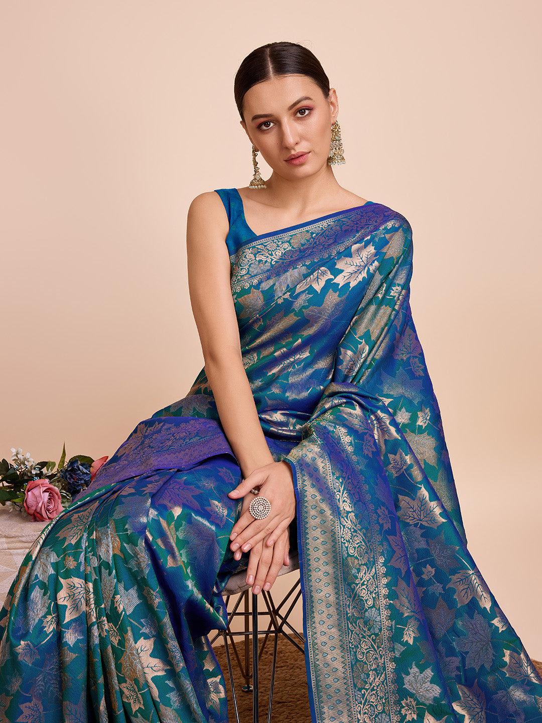 Vedant Vastram Soft Litchi Silk Banarasi Silk Saree - Firozi