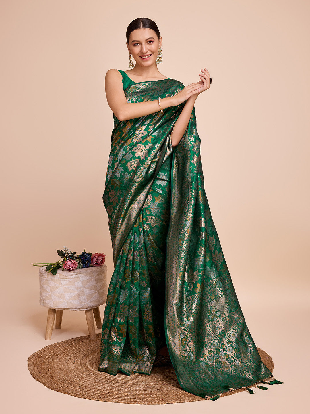 Vedant Vastram Soft Litchi Silk Banarasi Silk Saree - Green