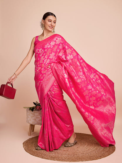 Vedant Vastram Soft Litchi Silk Banarasi Silk Saree - Magenta