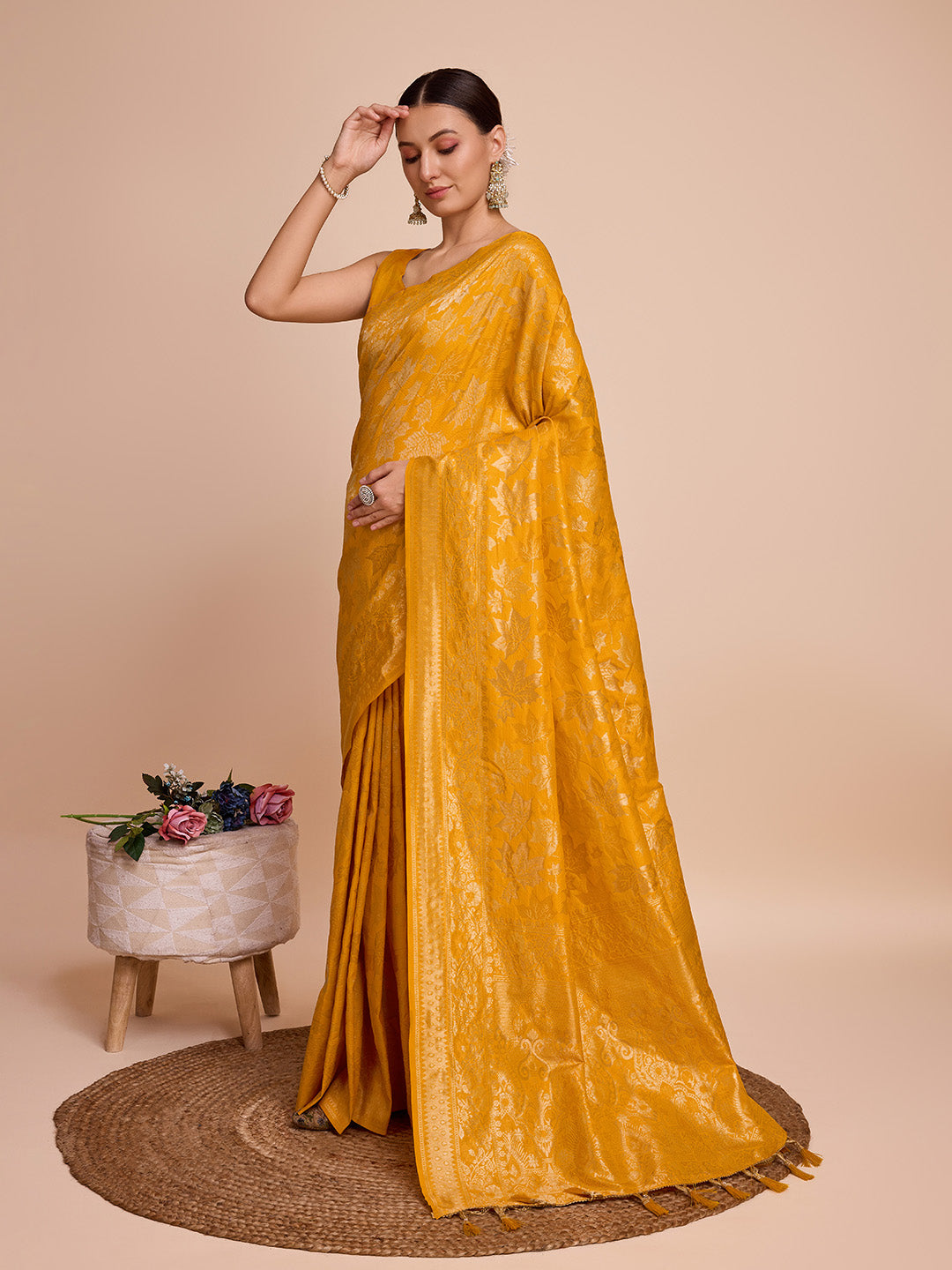 Vedant Vastram Soft Litchi Silk Banarasi Silk Saree - Mustard