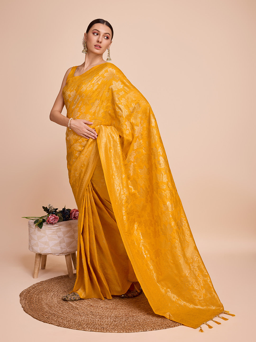 Vedant Vastram Soft Litchi Silk Banarasi Silk Saree - Mustard