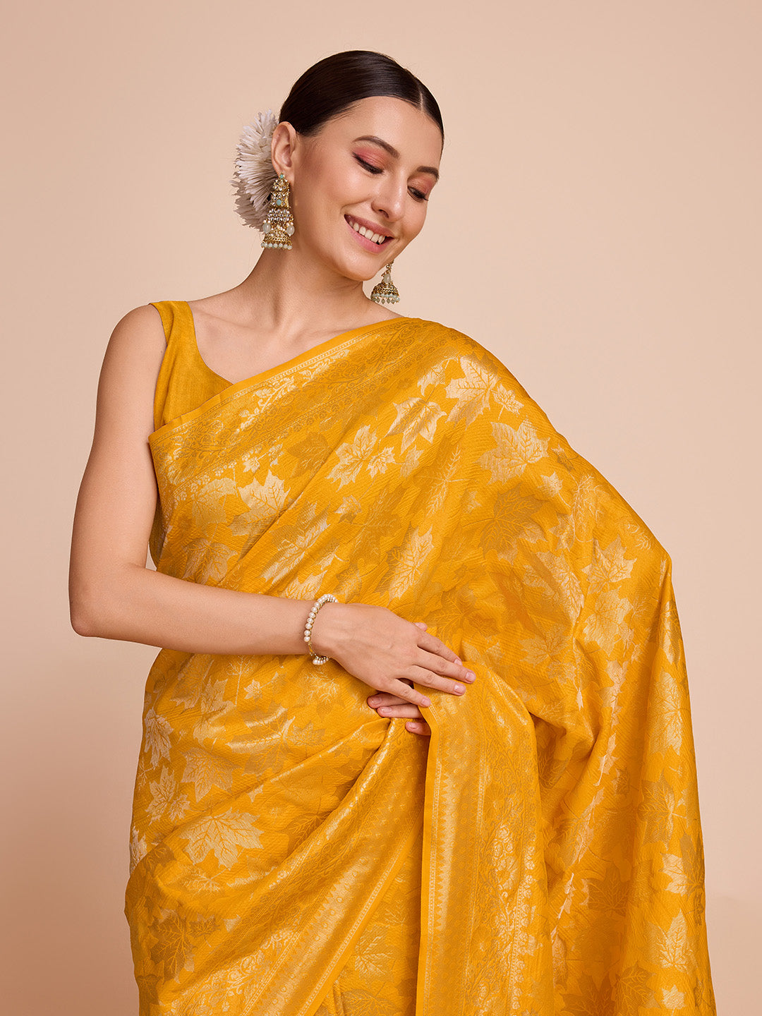 Vedant Vastram Soft Litchi Silk Banarasi Silk Saree - Mustard
