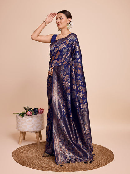 Vedant Vastram Soft Litchi Silk Banarasi Silk Saree - Navy