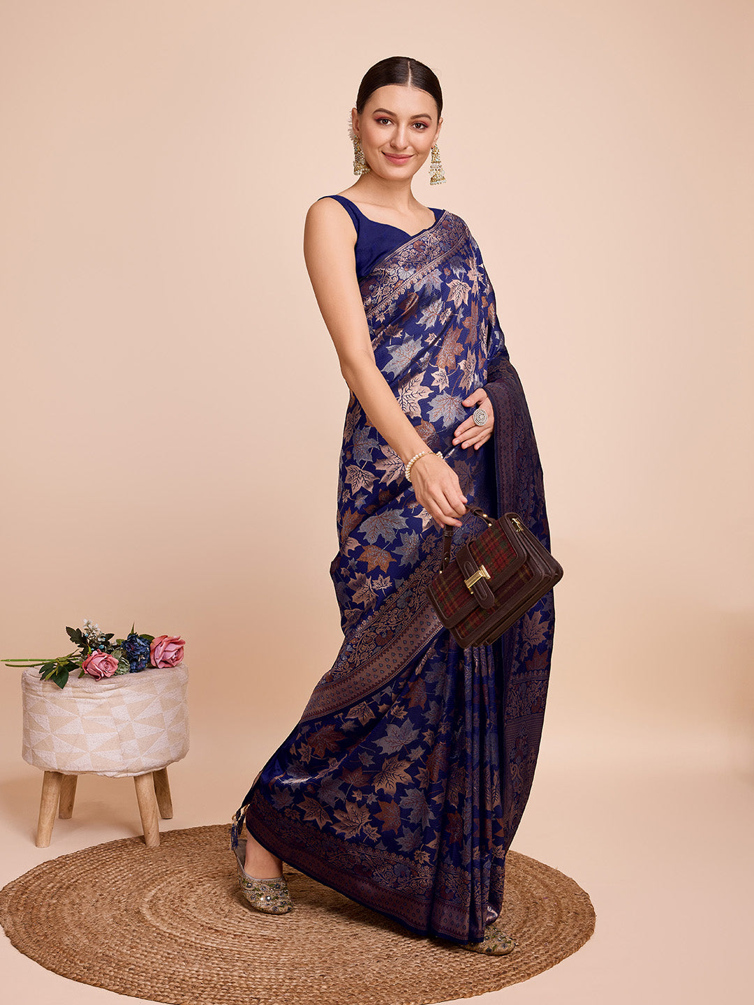 Vedant Vastram Soft Litchi Silk Banarasi Silk Saree - Navy