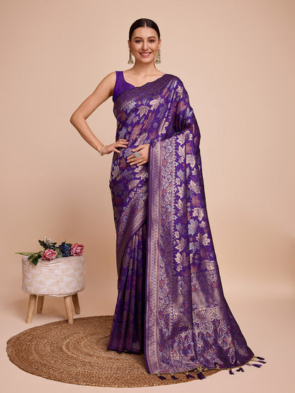 Vedant Vastram Soft Litchi Silk Banarasi Silk Saree - Violet
