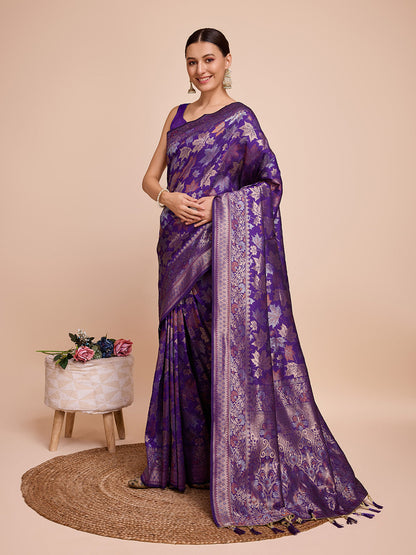 Vedant Vastram Soft Litchi Silk Banarasi Silk Saree - Violet