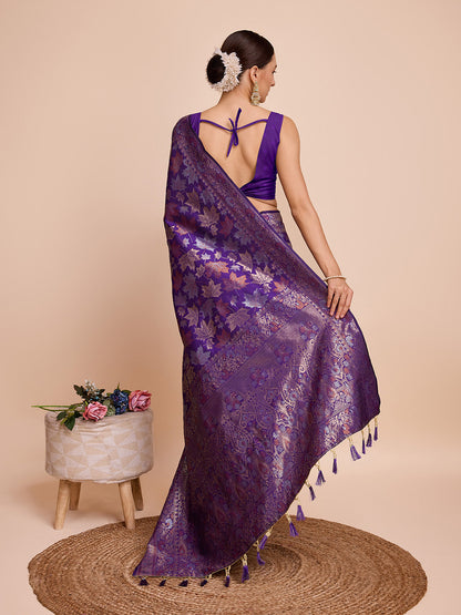 Vedant Vastram Soft Litchi Silk Banarasi Silk Saree - Violet