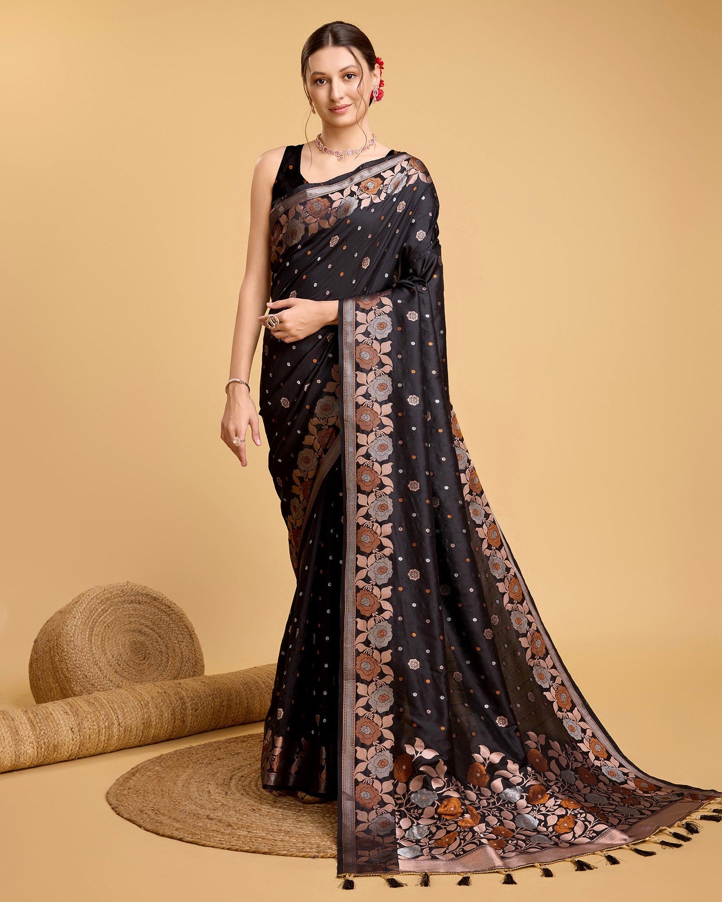 Vedant Vastram Soft Litchi Silk Banarasi Silk Saree - Black