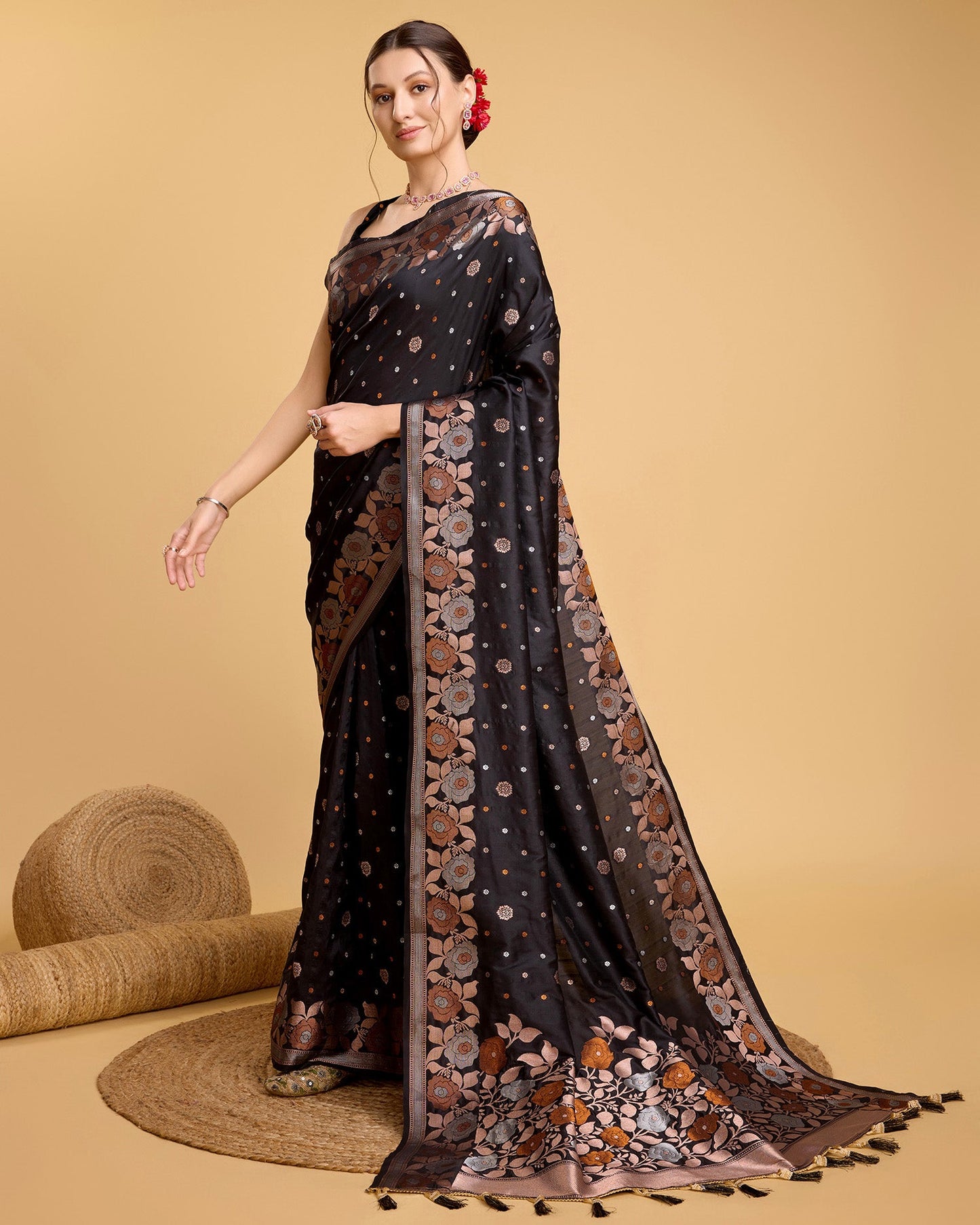 Vedant Vastram Soft Litchi Silk Banarasi Silk Saree - Black