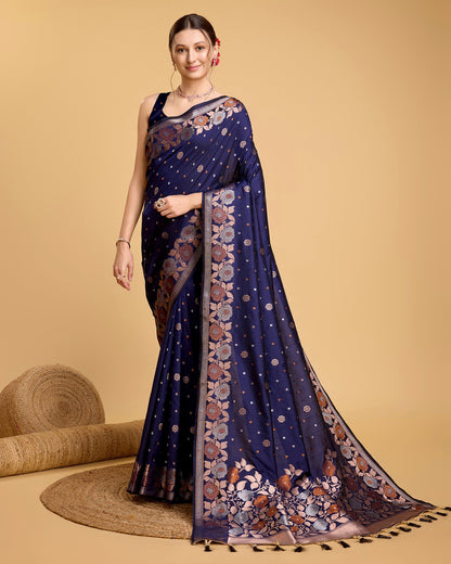 Vedant Vastram Soft Litchi Silk Banarasi Silk Saree - Navy