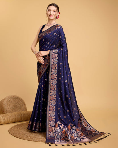 Vedant Vastram Soft Litchi Silk Banarasi Silk Saree - Navy