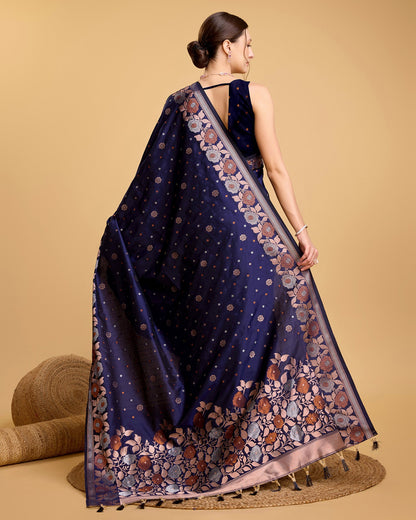 Vedant Vastram Soft Litchi Silk Banarasi Silk Saree - Navy