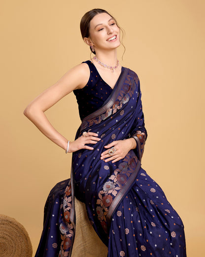 Vedant Vastram Soft Litchi Silk Banarasi Silk Saree - Navy