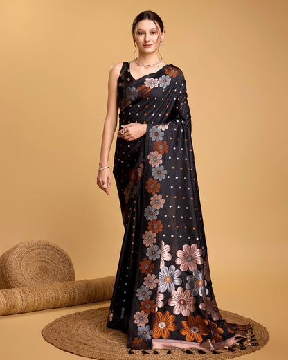 Vedant Vastram Soft Litchi Silk Banarasi Silk Saree - Black