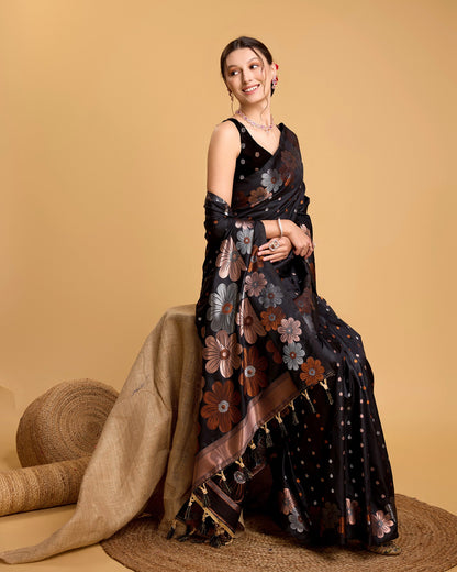 Vedant Vastram Soft Litchi Silk Banarasi Silk Saree - Black