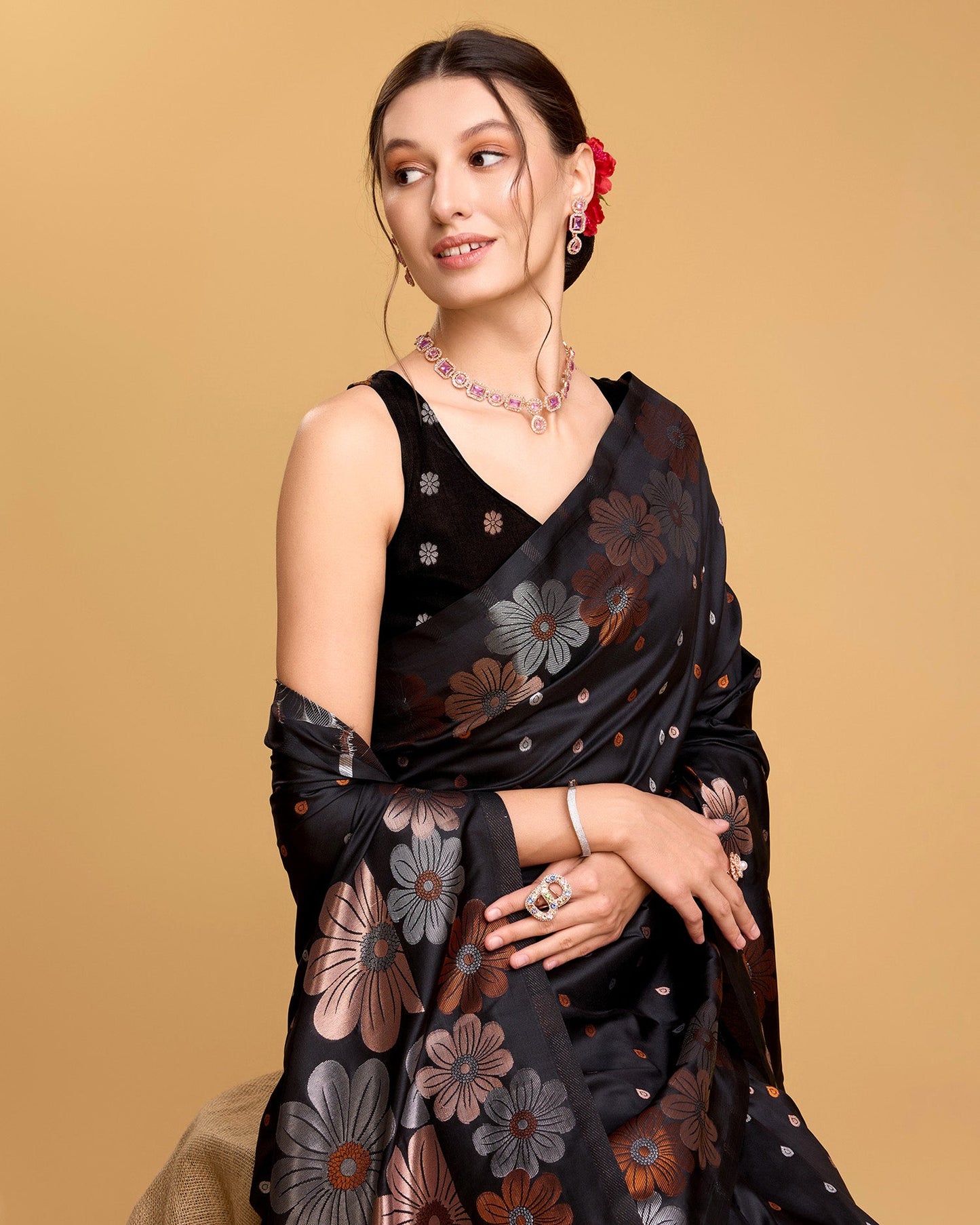 Vedant Vastram Soft Litchi Silk Banarasi Silk Saree - Black