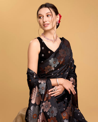Vedant Vastram Soft Litchi Silk Banarasi Silk Saree - Black