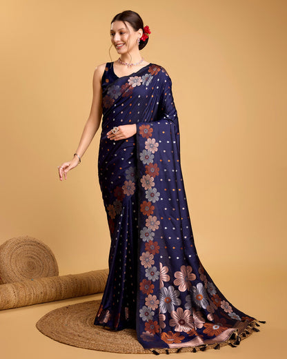 Vedant Vastram Soft Litchi Silk Banarasi Silk Saree - Navy