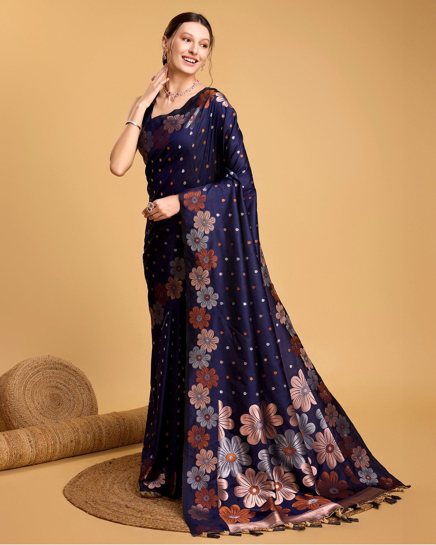 Vedant Vastram Soft Litchi Silk Banarasi Silk Saree - Navy