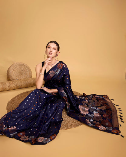 Vedant Vastram Soft Litchi Silk Banarasi Silk Saree - Navy