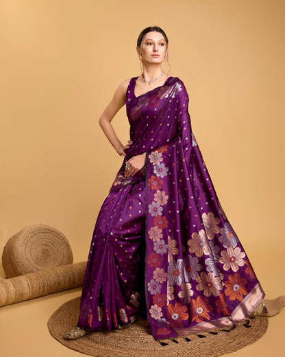 Vedant Vastram Soft Litchi Silk Banarasi Silk Saree - Wine