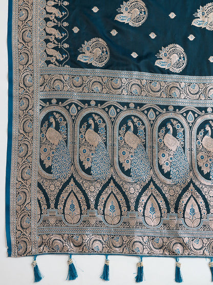 Vedant Vastram Soft Litchi SIlk Banarasi Silk Jacquard Saree - Firozi