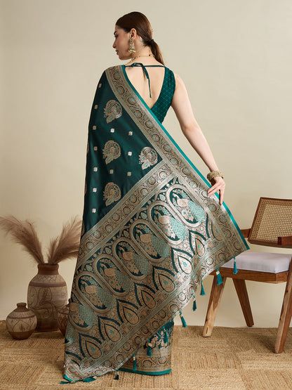 Vedant Vastram Soft Litchi SIlk Banarasi Silk Jacquard Saree - Green