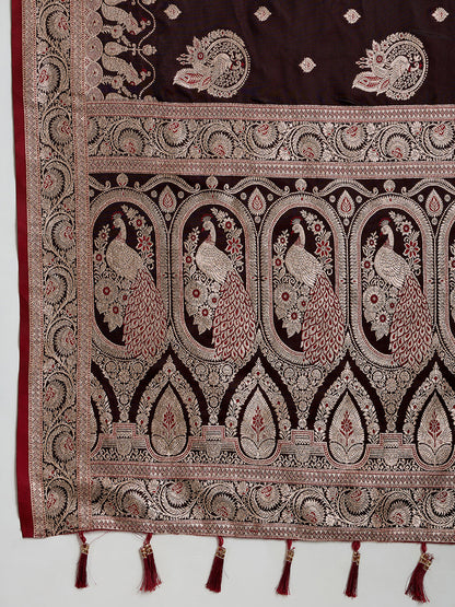 Vedant Vastram Soft Litchi SIlk Banarasi Silk Jacquard Saree - Maroon