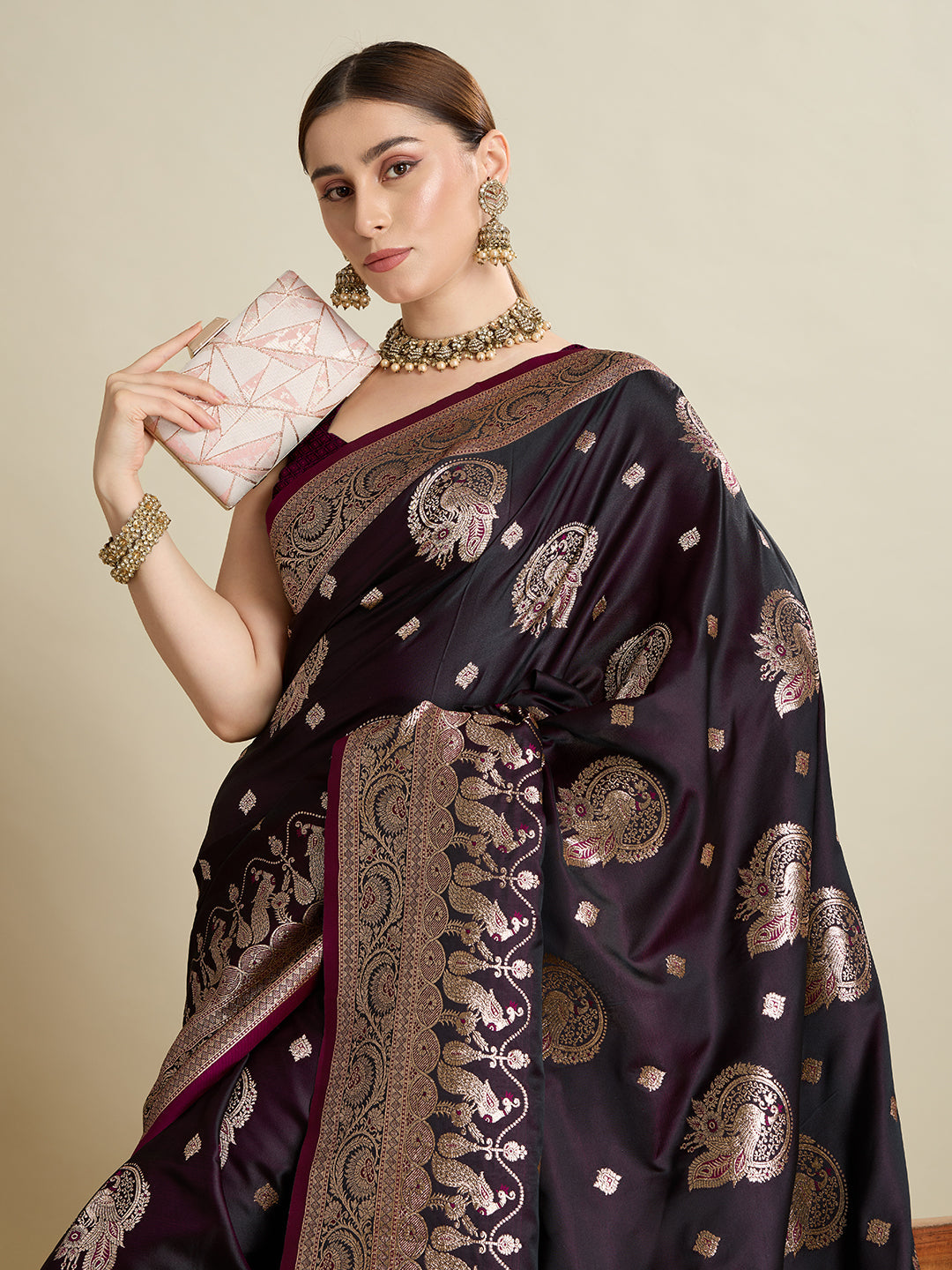 Vedant Vastram Soft Litchi SIlk Banarasi Silk Jacquard Saree - Wine