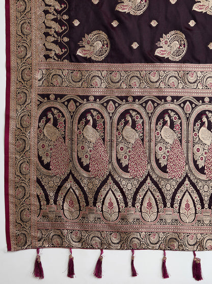 Vedant Vastram Soft Litchi SIlk Banarasi Silk Jacquard Saree - Wine