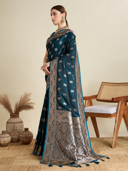 Vedant Vastram Soft Litchi SIlk Banarasi Silk Jacquard Saree - Firozi