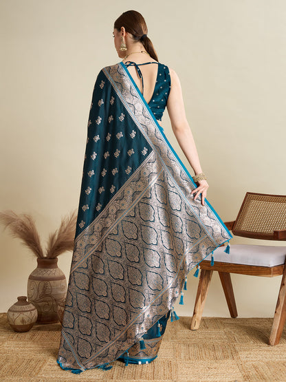 Vedant Vastram Soft Litchi SIlk Banarasi Silk Jacquard Saree - Firozi